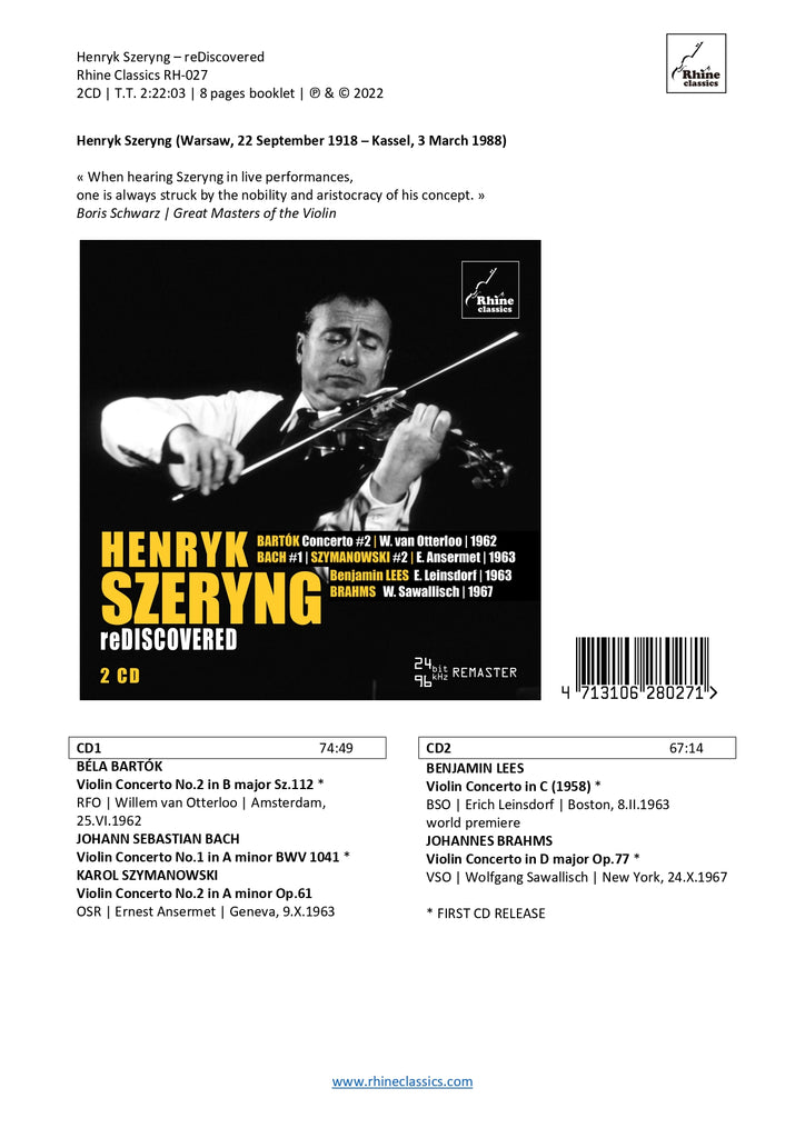 RH-027 | 2CD | HENRYK SZERYNG •• | reDiscovered – Rhine Classics